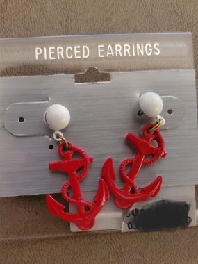 Red Anchor Dangle Earrings with White Studs